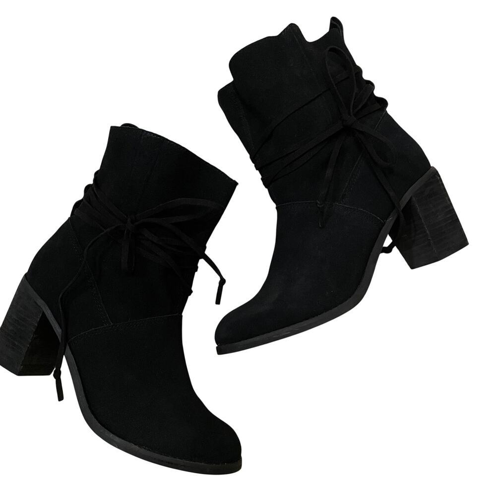 TOMS Mila Black Suede Ankle Boots | Lace Wrap, Block Heel, Size 8 - Picture 4 of 9